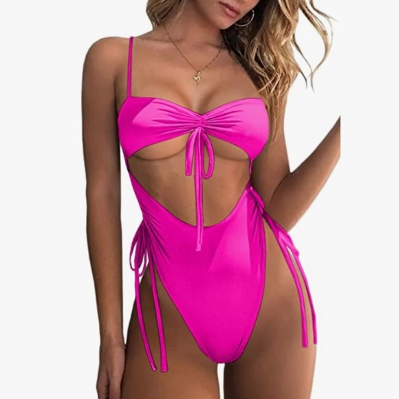 Hot Pink High Waisted One Piece Swimsuit - Picture 2 of 5